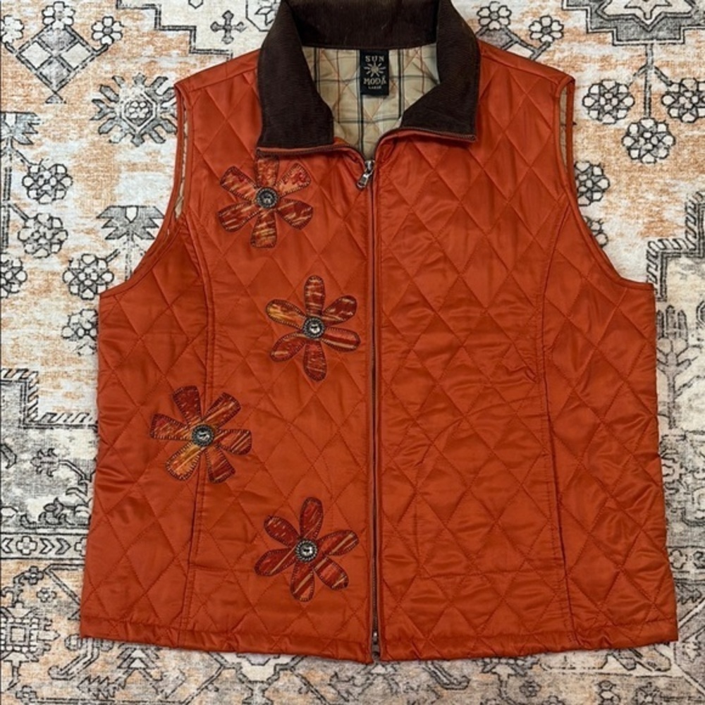 SUN MODA L orange patchwork mixed media double zip vest w/ button flowers